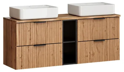 Produktbild von Badezimmer Doppelwaschtisch mit 140 cm Breite in Eiche mit gerillter Front, Platte mit Baumkantenoptik - ADELAIDE-56