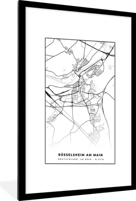 Produktbild von MuchoWow® Gerahmtes Poster Karte - Rüsselsheim am Main - Stadtplan 60x90 cm - Poster mit Schwarzem Bilderrahmen Wandposter Rahmen Foto Bilder - Dekoration - Wandposter Wohnzimmer - Hochwertig