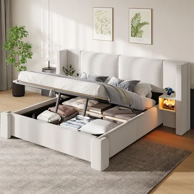 Produktbild von Flieks Hydraulisches Polsterbett 180x200cm mit Ladefunktion (USB & Typ C), Stauraumbett Doppelbett mit Nachttisch und Led, Jugendbett Leinen, Beige