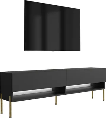 Produktbild von TV-Lowboard 170 cm Mattschwarz, gerade goldene Beine, weiße LED