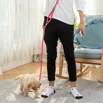 Imagen del producto de Correa para perros tipo bandolera, manos libres, en color rosa. Correa ajustable y multifuncional para pasear