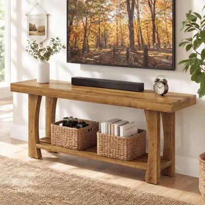 Produktbild von Tribesigns Massiver TV-Ständer Holz für 55, 60, 65 und 70 Zoll Fernseher, Medienkonsole Landhausstil mit konischen Beinen und zwei offenen Regalböden