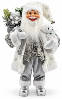 Imagen del producto de Benza – Papá Noel (60 x 35 x 20 cm) – Figura navideña de pie con un osito de peluche y una bolsa de Navidad – Blanco y plateado, Imagen generada por IA