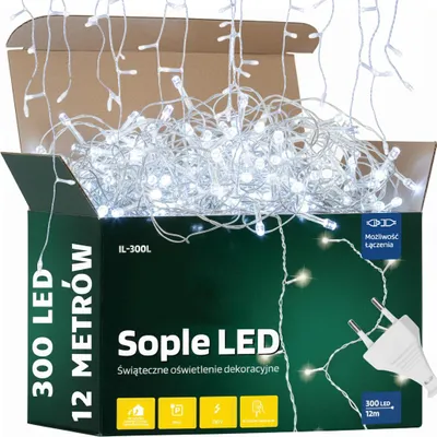 Zdjęcie produktu dla Lampki świąteczne zewnętrzne sople 300 led zimny biały choinka prezent