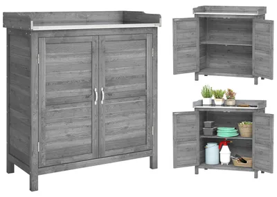 Produktbild von Gartenschrank mit Pflanztisch, Holz Geräteschrank, Tannenholz, 2 Regalböden, Grau | 83 x 40 x 92 cm | verzinkte Arbeitsplatte 80 x 38 cm