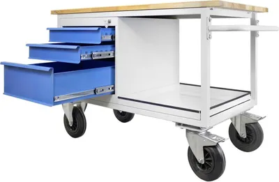 A mobile workbench with drawers and a shelf, shown against a white background.