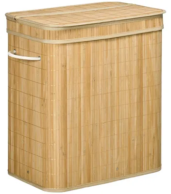 Productafbeelding van Wasmand - 90 liter - 2 compartimenten - Met deksel - Met handgrepen - Afneembare waszak - Bamboo