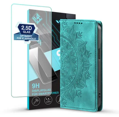Produktbild von Mandala Handyhülle für Google Pixel 11 / 11 Pro RFID Schutz Klapphülle Case Cover Design Schutzhülle mit 9H Displayglas Farbe: Türkis