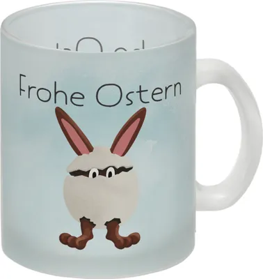 Produktbild von Frohe Ostern Glas Tasse mit lustigem Osterhasen in Eierschale