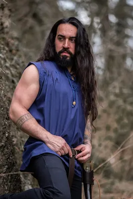 Produktbild von Ärmelloses Stehkragen-Schnürhemd "Louis" Blau XL