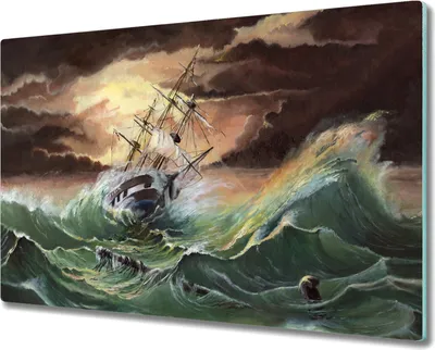 Produktbild von Coloray Herdabdeckplatte 80x52 cm Schneidebrett Kochplattenabdeckung Küchenbrett Hackbrett - Boot Schiff Ozean Sturmwellen