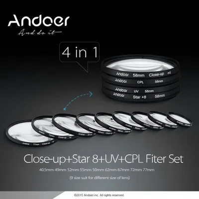 Obrázek produktu pro Andoer 55 mm UV + CPL + close-up + 4 + hvězdicový 8bodový filtr kruhová sada polarizační makro close-up hvězdice s brašnou pro digitální zrcadlovky Nikon Canon Pentax Sony
