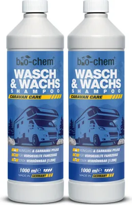Produktbild von bio-chem Caravan Wasch & Wachs Shampoo - 2x 1L Konzentrat - Mit Carnaubawachs für Glanz & Schutz - Wohnmobil, Wohnwagen, Boot - Selbsttrocknend, pH-neutral -  Germany