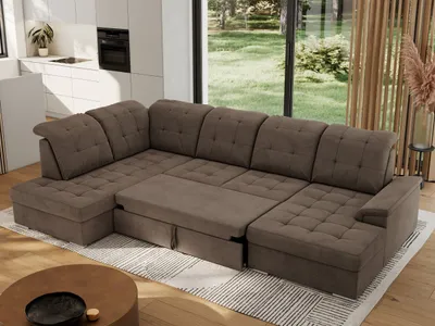 Produktbild von MKS MEBLE Ecksofa Wohnlandschaft U-Form, Sofa mit Schlaffunktion, Schlafsofa mit bettkasten, Couch mit Schlaffunktion - Braun Velvet - Madrito U - links