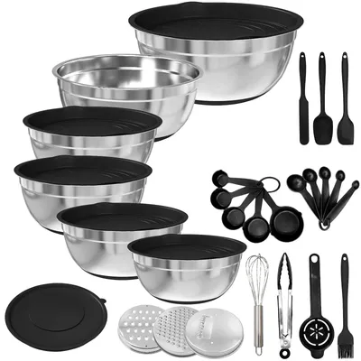 Produktbild von 6 Set Edelstahl Rührschüssel Schüssel Salatschüssel mit 6 Deckel und 3 Reibe für Servieren Kochen Backen Aufbewahren