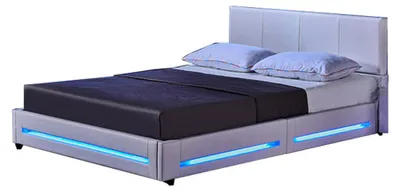 Produktbild von HOME DELUXE - LED Bett Asteroid - Weiß, 140 x 200 cm - inkl. Lattenrost I Polsterbett Design Bett inkl. Beleuchtung, KI-generiertes Bild