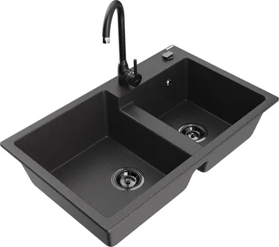 Produktbild von Mexen Tomas 2-Becken-Granitspüle mit Mischbatterie Telma, Schwarz gesprenkelt - 6516-76-670200-70-B