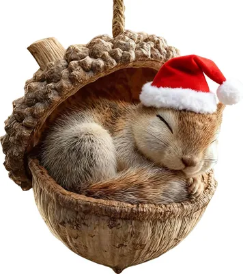 A cute squirrel wearing a Santa hat sleeps inside an acorn ornament.