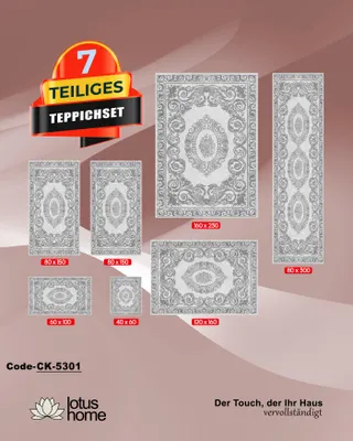 A collection of seven rugs of various sizes, displayed with their dimensions indicated.