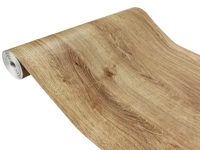 A roll of wood-effect adhesive wallpaper.