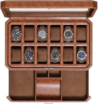 Produktbild von Leder Uhrenbox 12 Fächer braun Microsuède