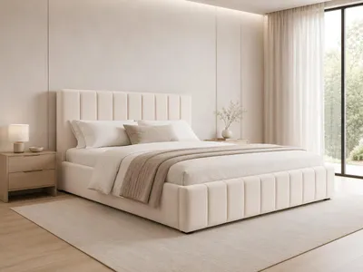 Produktbild von MOEBLO Polsterbett Bett 01 – Doppelbett mit Kopfstütze, Rahmenbettgestell, Bettkasten, Lattenrost und gepolstertem Kopfteil - 180x200 - Light Beige (TRINITY 2)