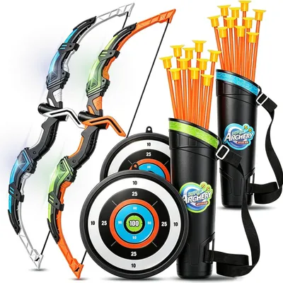 Zdjęcie produktu dla Zestaw do strzelania z łuku dla dzieci - łuk o długości 60 cm - 2 strzały o długości 20 cm - 2 tarcze o średnicy 14 cm - Para łuków dla dzieci, idealna do zabaw na świeżym powietrzu i w domu