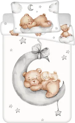 A flat lay image of a baby bedding set featuring teddy bears and a moon.