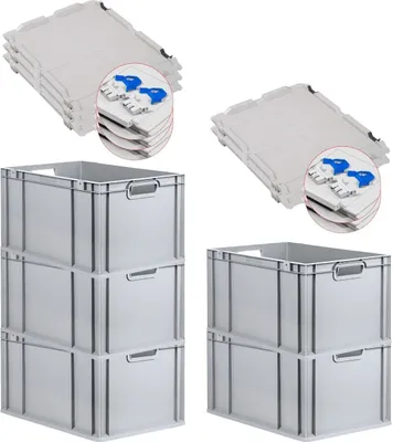 Produktbild von SuperSparSet 5x Eurobox NextGen Economy mit Scharnierdeckel und blauen Schiebeschnappverschlüssen | Griffe offen | HxBxT 32x40x60cm | 65 Liter | Eurobehälter, Transportbox, Transportbehälter, Stapelbehälter