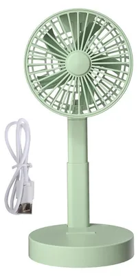 A green foldable USB fan with its charging cable.