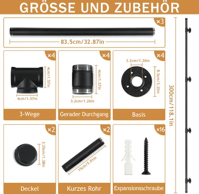 Produktbild von Clanmacy Handlauf Geländer Schwarz 300cm Verzinktes Schutzbügel Treppe Stahlrohr Treppengeländer Innen und Außen