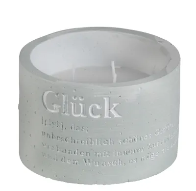 Produktbild von Dreidochtkerze in Betonschale "Glück" mit weisser Wachsfüllung    -NEU- 70 x 104 mm grau
