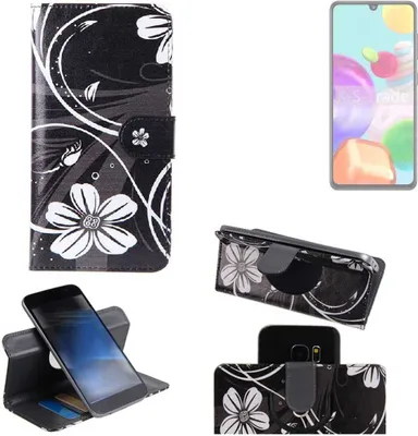 Produktbild von K-S-Trade Schutzhülle Handyhülle kompatibel mit Samsung Galaxy A41 Hülle 360° Wallet Case ''Flowers'' Klapphülle Hülle schwarz-weiß 1x