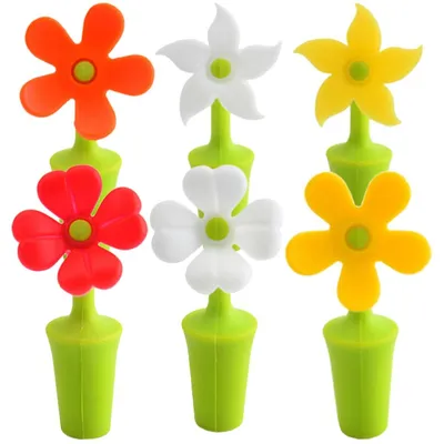 Produktbild von Silikon Weinflaschenstopfen - Luftdichtes Verschluss-Set in Blumenform - 6 Stück