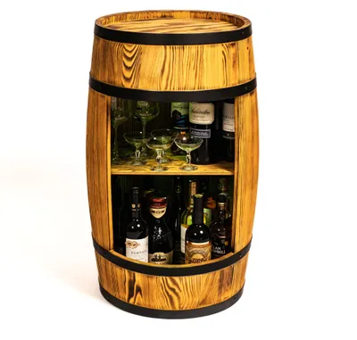 Zdjęcie produktu dla Domowy bar Creative Cooper w kształcie drewnianej beczki – szafka na wino w stylu retro – bar w kształcie beczki – drewniany regał na wino – drewniany bar o wysokości 80 cm – dekoracja do salonu – bar w kształcie beczki, stolik barowy i stojak na butelki (wykończenie postarzane)