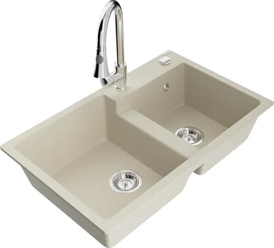 Produktbild von Mexen Tomas Granitspüle 2-Becken mit Küchenarmatur Elia, beige - 6516-69-670101-00