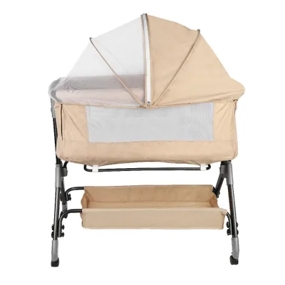 Produktbild von 3 in 1 Beistellbett Babywiege Reisebett,Babybetten ab Geburt bis 25 kg, 4-stufig Höhenverstellbares Babybett, neigbar, Kinderbett inkl. Matratze Beige
