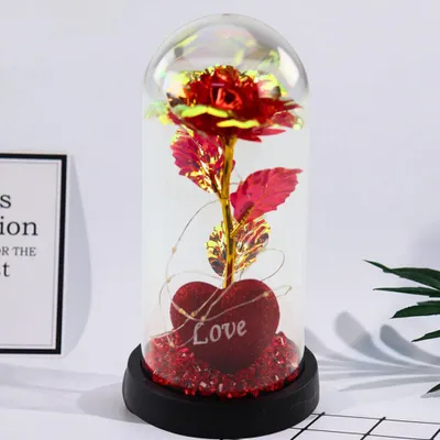 Produktbild von Ewige Rose In Kuppel Mit Led Beleuchtung Herz Perlen Rot 21X11Cm
