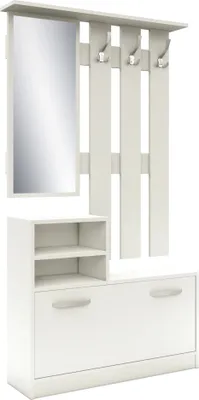A white entryway storage unit with a mirror, coat hooks, and shoe storage.