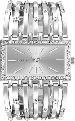 A close-up studio shot of a silver women's watch with a rectangular face and crystal embellishments.