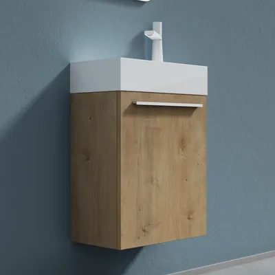 Produktbild von doporro Badmöbel-Set Pisa, Waschtisch mit Unterschrank für Gäste-WC, Kerneiche matt Weiß, 46x26x63cm, Mineralguss Waschbecken, 100% wasserdicht, Wandmontage
