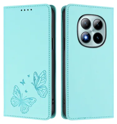 Produktbild von Lederhülle für Xiaomi Redmi Note 15 Pro+, Schmetterling Prägung Leder Brieftasche Schutzhülle mit Ständer Türkis
