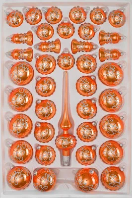 Produktbild von 39 tlg. Glas-Weihnachtskugeln Set in "Hochglanz-Orange-Silberne-Ornamente"