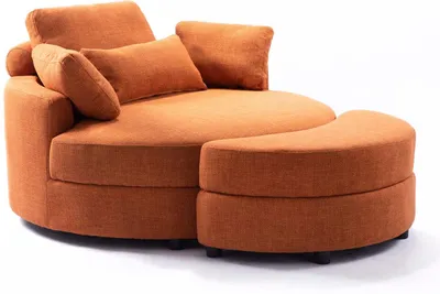 A modern orange sofa with an ottoman, shown against a white background.