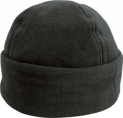 A black fleece bob hat shown from the front.