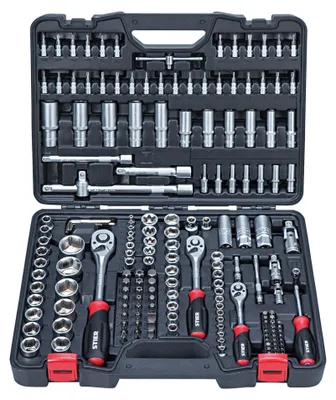 Produktbild von STIER Steckschlüssel Satz, 179-teilig, 1/2 Zoll 1/4 Zoll & 3/8 Zoll Umschaltknarre, Sechskant-Steckschlüsseleinsatz, Torx- Schlitz- Phillips- Pozidrive- Bit-Steckschlüsseleinsätze