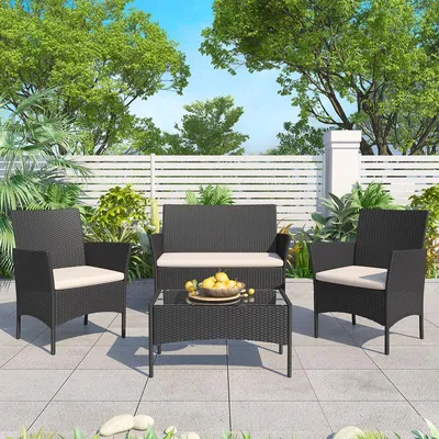 Produktbild von Gartenmöbel-Sets, Balkonmöbel Set für 4 Personen, Garten Möbel mit Doppelsofa, 2 Einzelstühlen, 1 Tisch und Sitzkissen, für Garten & Terrasse