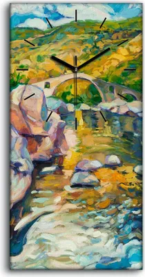 Produktbild von Leinwand Uhr Küche Wohnzimmer Bild 30x60 Kunst Flusslauf Brücke in den Bergen - schwarze Hände