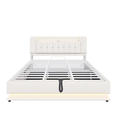 Produktbild von Flieks Hydraulisches Polsterbett 180x200cm mit Usb und Type-C, Doppelbett mit Stauraum, Stauraumbett Jugendbett mit Led, Samt, Beige