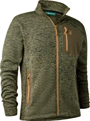 A studio shot of a green fleece jacket.